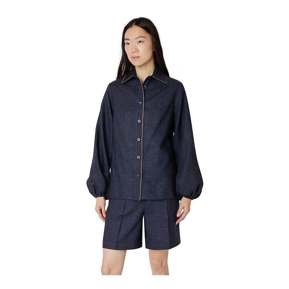 Eleventy Linnen Shirt met Piping Blue Dames