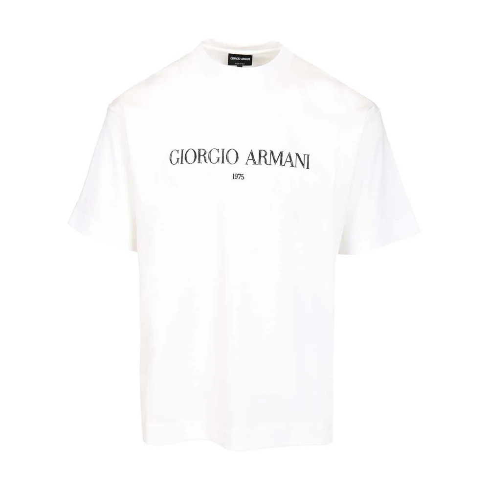 Giorgio Armani Mannelijk Wit Tops Heren, L, Katoen, Katoenen T-Shirt Met Logo