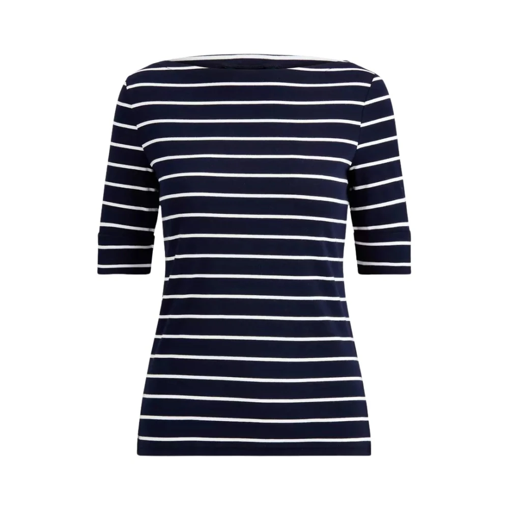 Ralph Lauren Women's Blue T-Shirts, L, Navy Striped Boat Neck T-Shirt