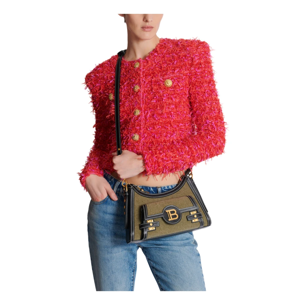 Balmain B-Buzz Hobo tas van leer en canvas Green Dames