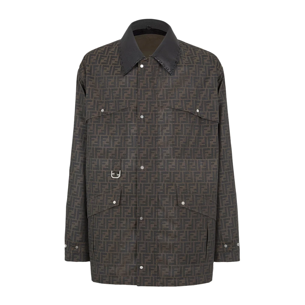 Fendi Gewatteerde Stofjas met Leren Kraag Brown Heren