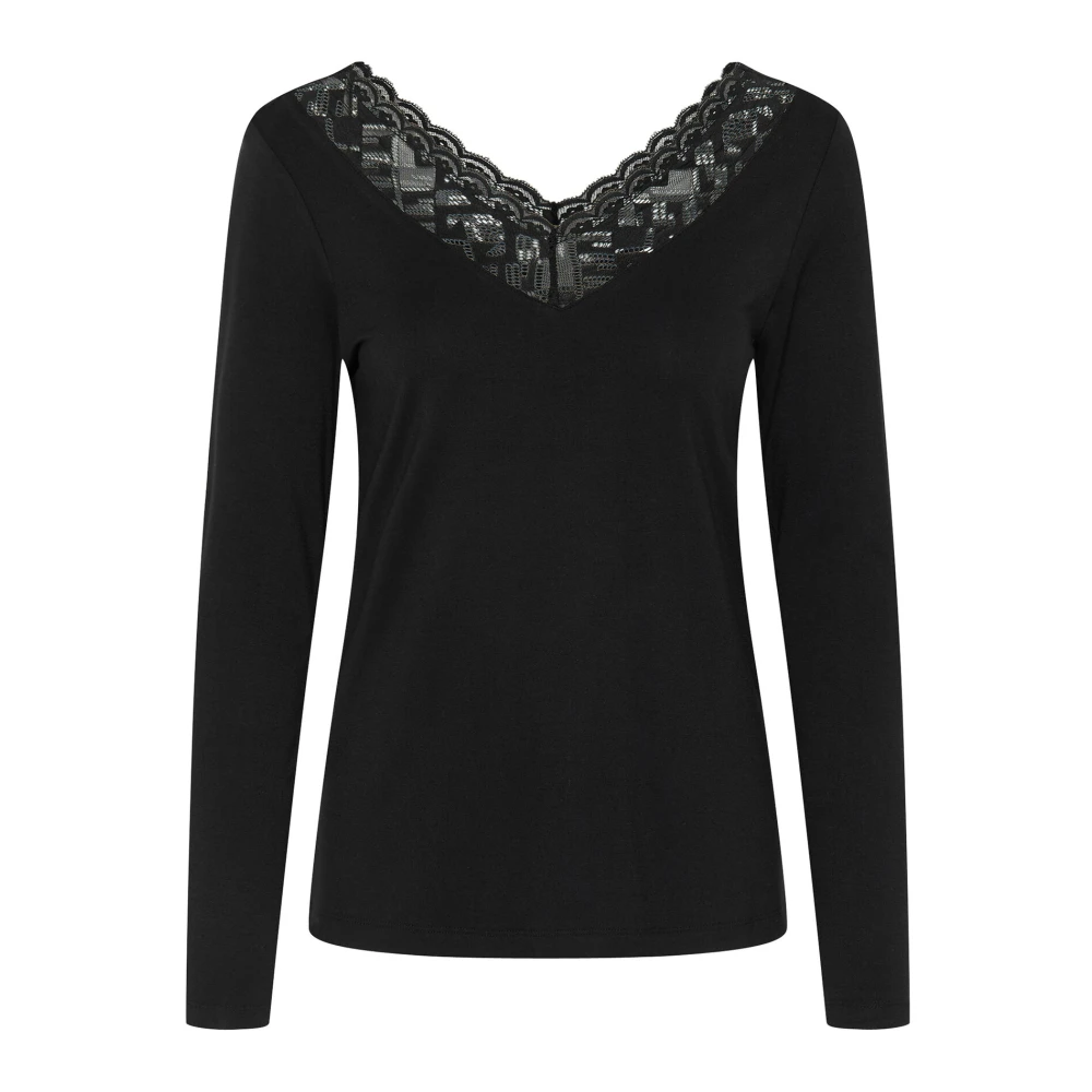 Cream Zwart Kant V-Hals Top Black Dames