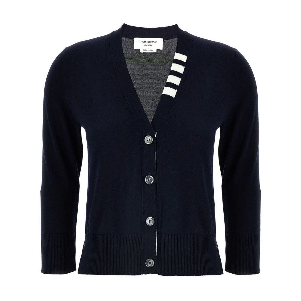 Thom Browne Blauwe V-hals trui met kenmerkende strepen Blue Dames