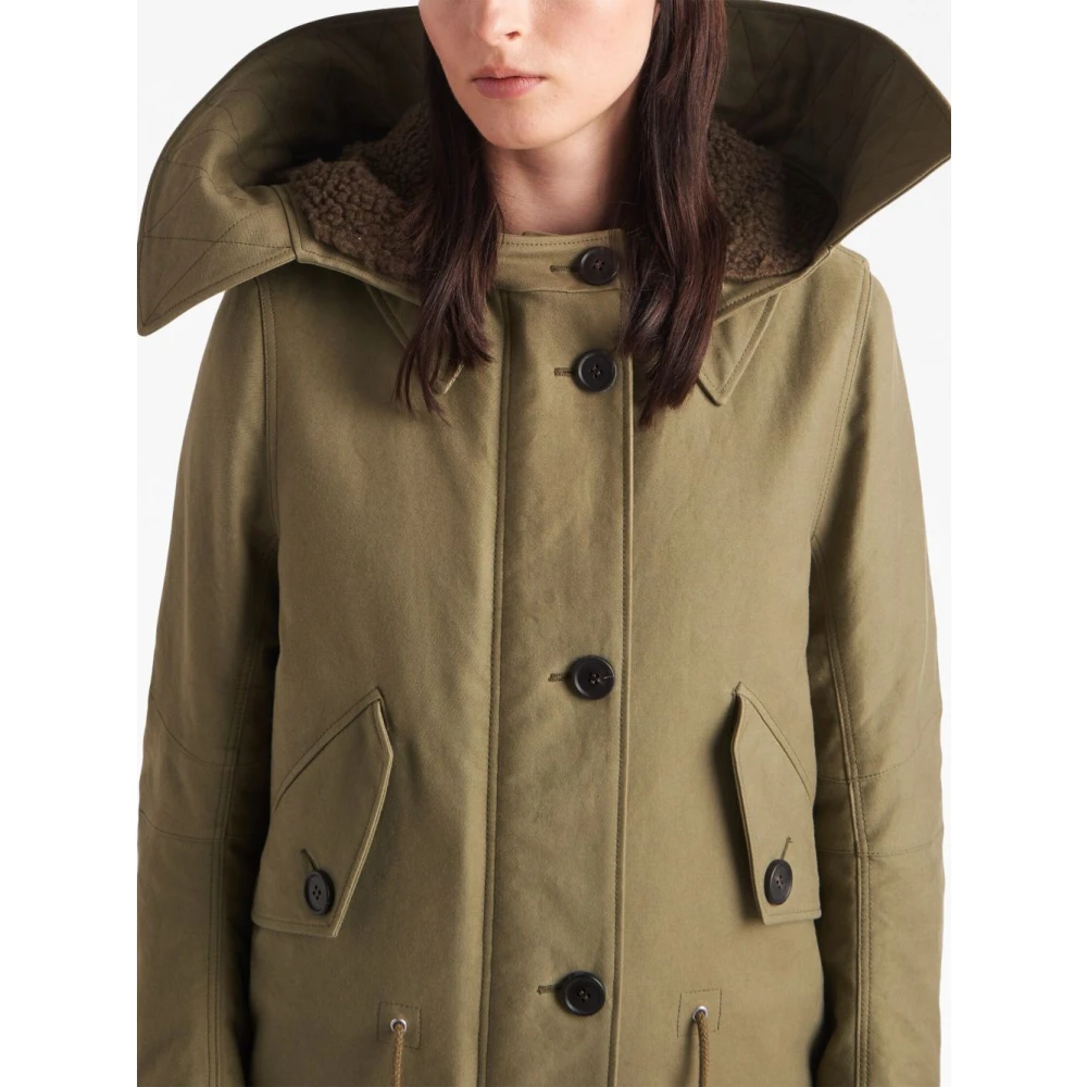 Prada Militair Groene Lange Parka met Afneembare Capuchon Green Dames