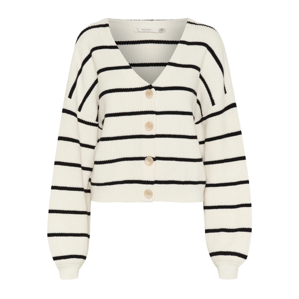 Gestuz Women's Beige Cardigans, Xl, Striped Cardigan With Puff Sleeves