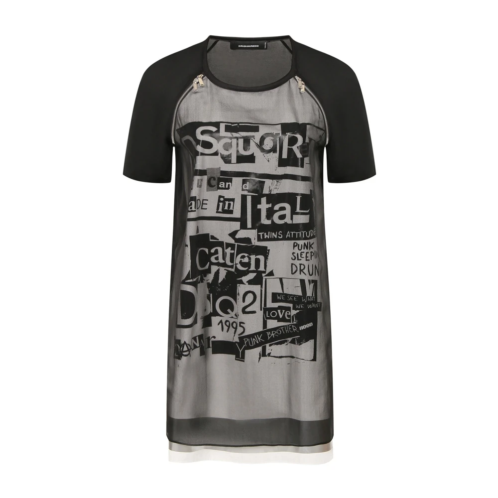 Dsquared2 Zijden Bedrukte Mini Jurk met Rits Detail Black Dames