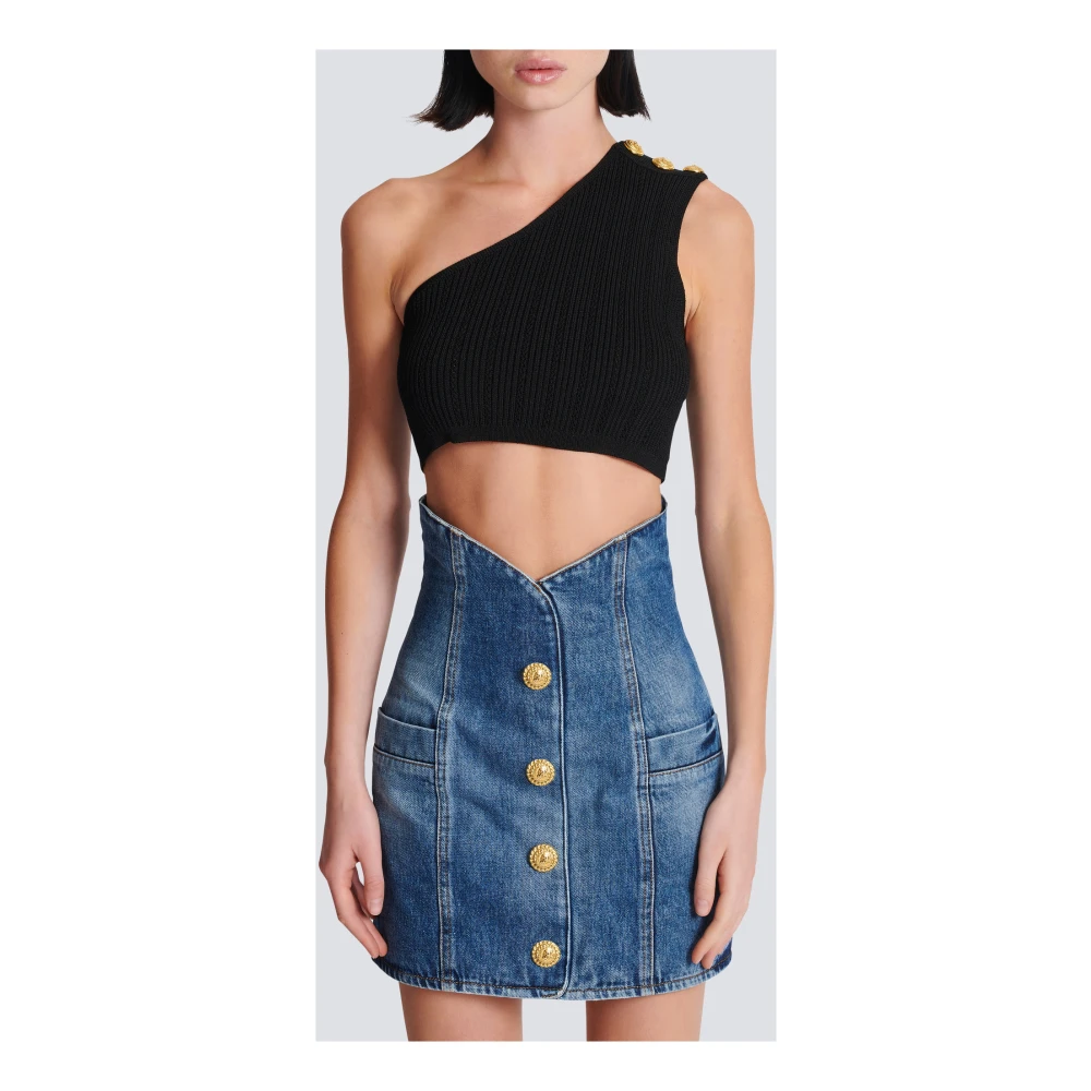 Balmain Asymmetrische One-Shoulder Gebreide Top Black Dames