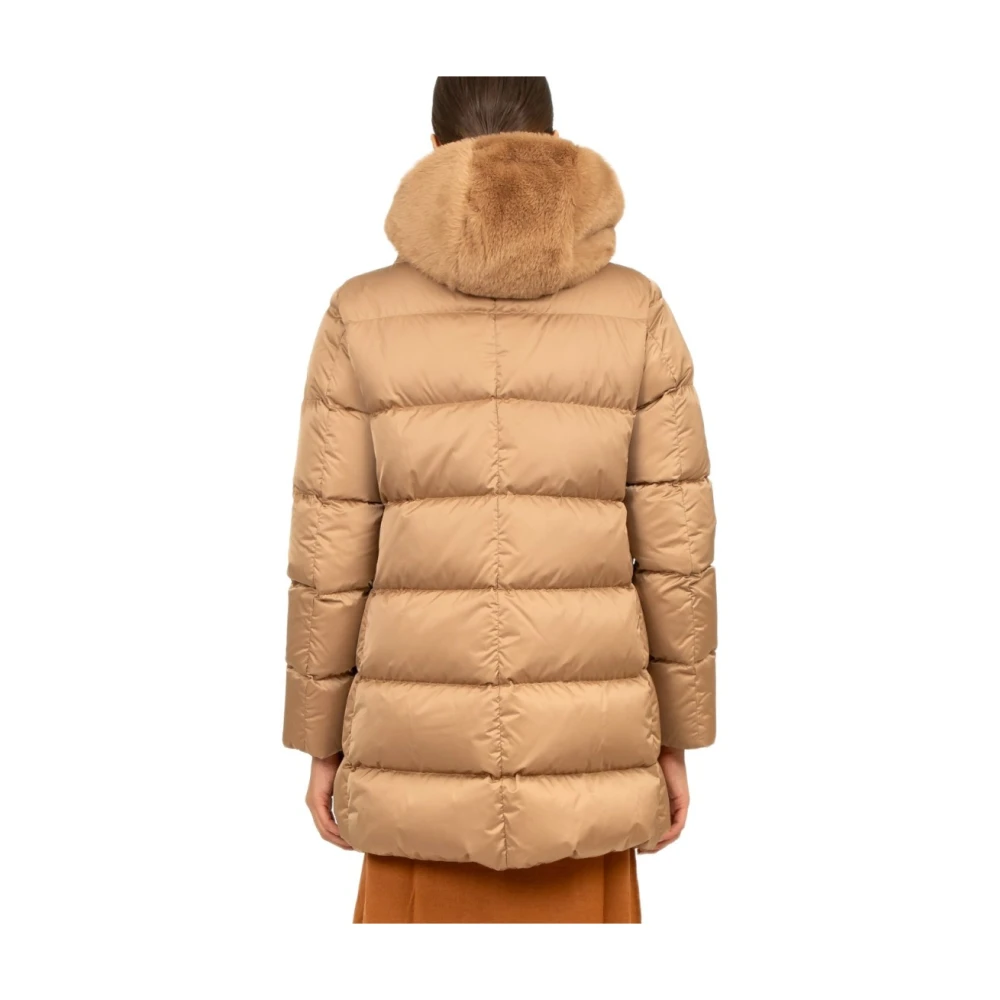 Herno Zwarte Polyester Midi Jas met Eco Bont Capuchon Brown Dames
