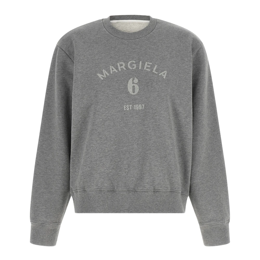 Mm6 Maison Margiela Vrouw Grijs Hoodies & Sweatvesten Dames, S, Katoen, Logo-Print Sweatshirt Met Ronde Hals