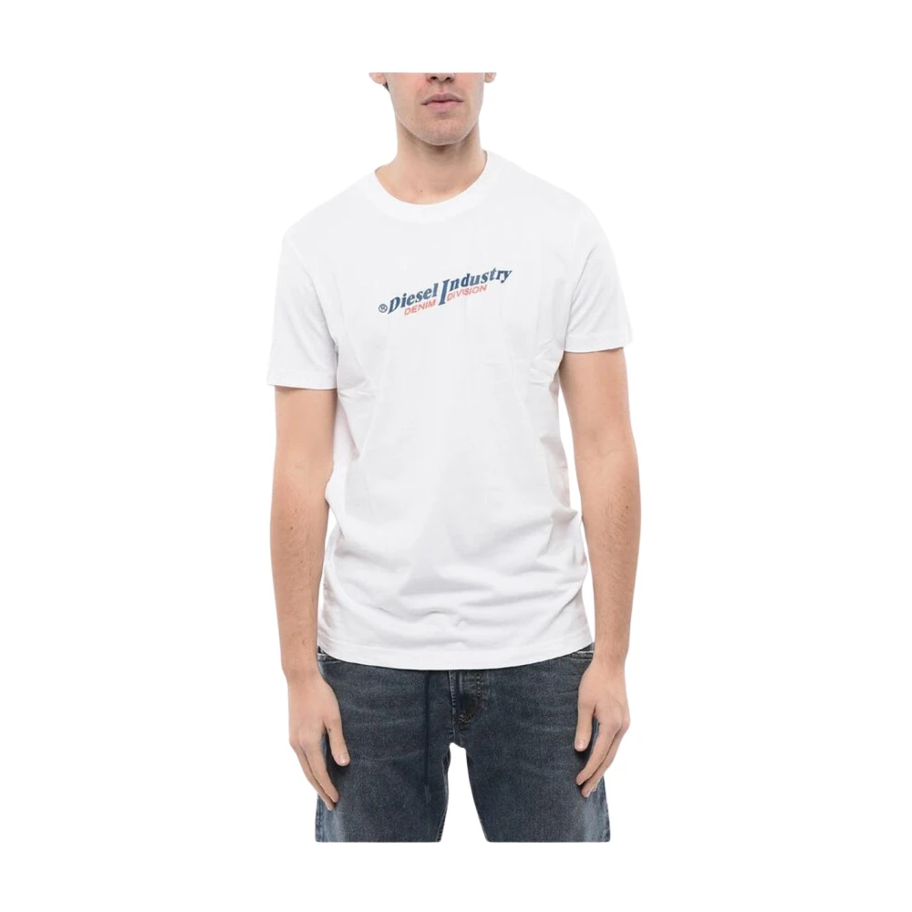 Diesel Herr Vit Toppar Xl, Bomull, Logo Print Crew-Neck T-Shirt