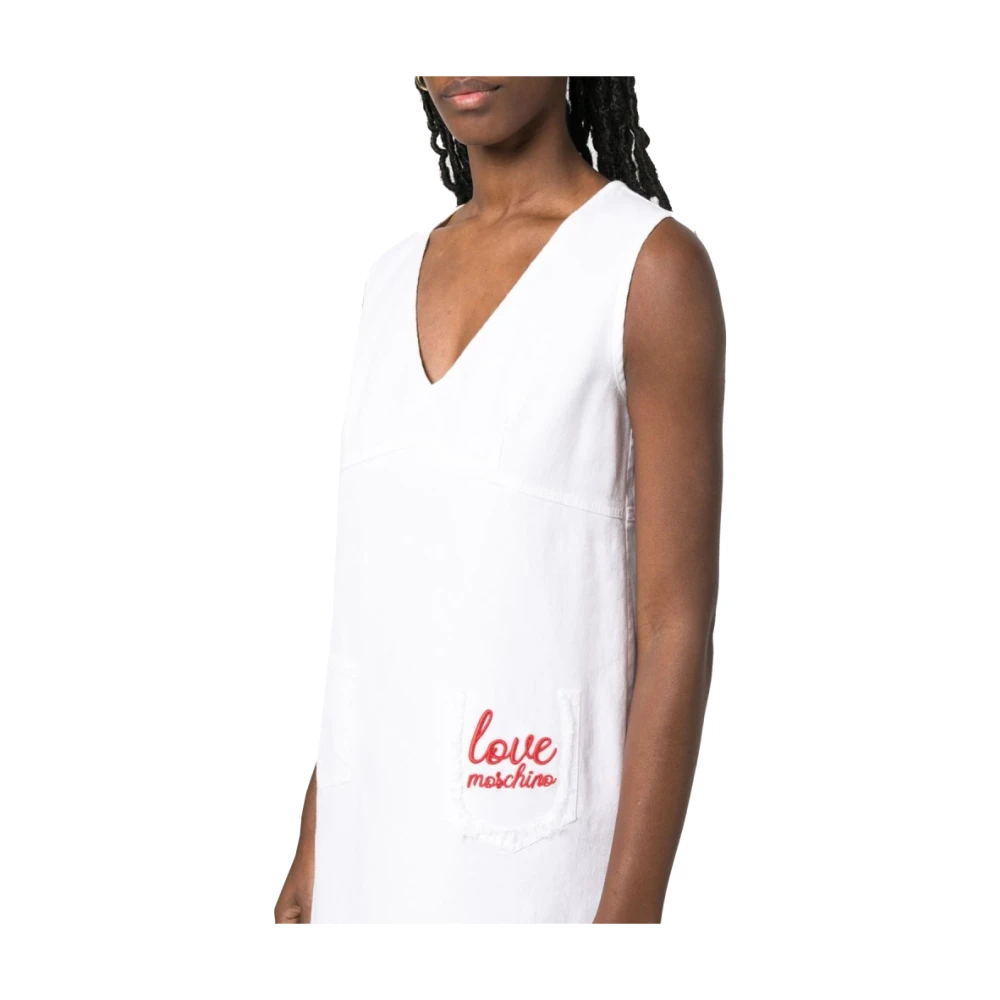 Love Moschino Rode Logo Geborduurde A-Lijn Jurk White Dames