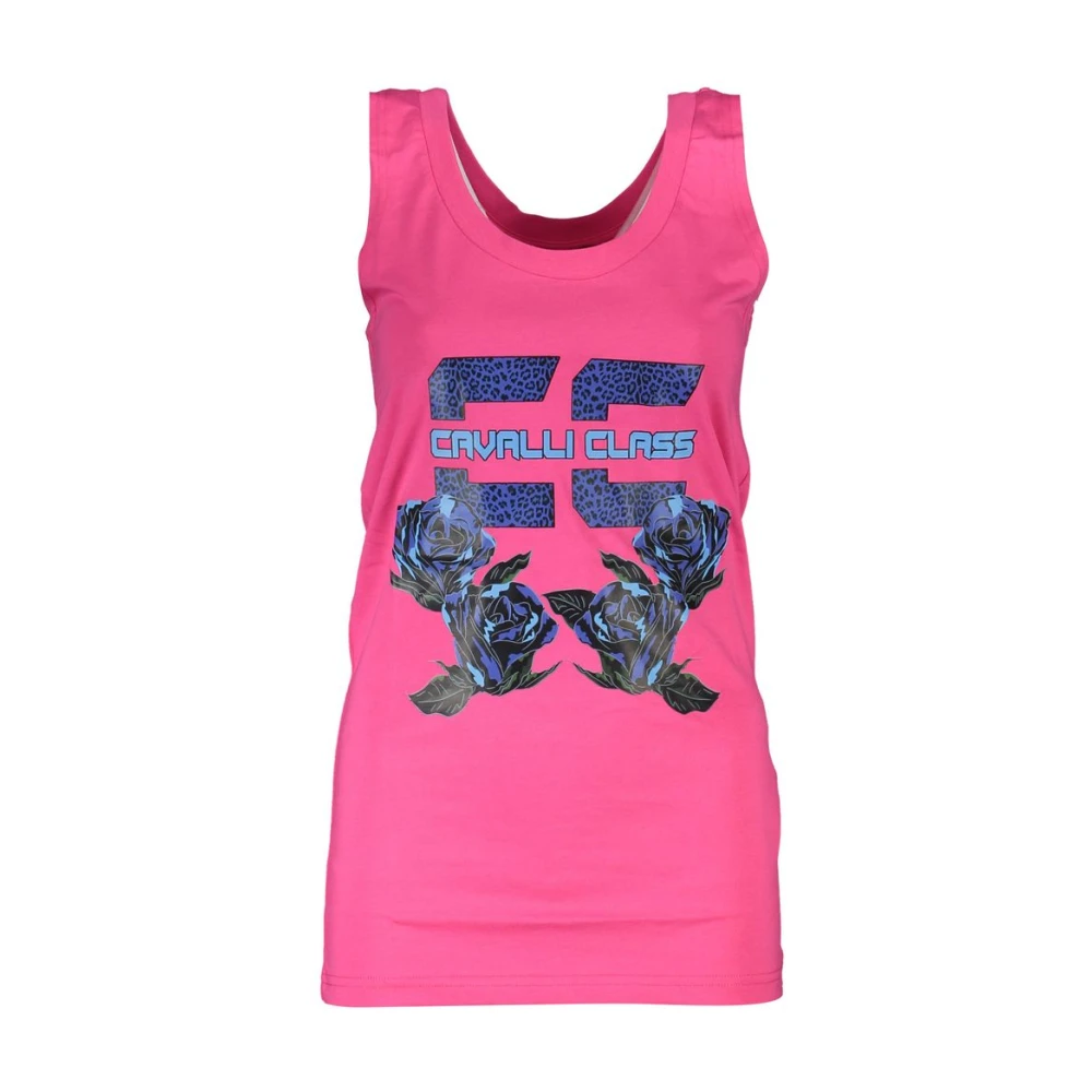 Cavalli Class , Sleeveless Tops, Female, Pink, S, Pink Cotton Tank Top With Eye-Catching Print