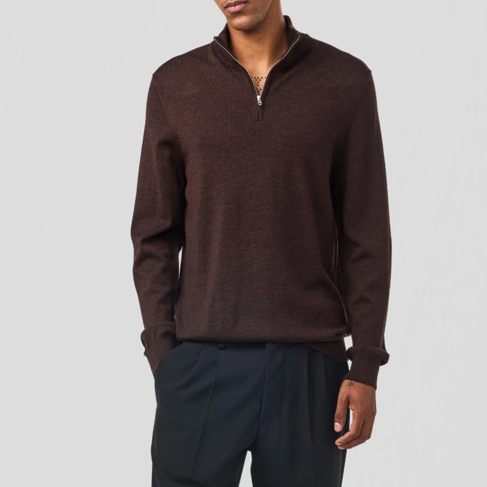 Nn07 Merino Wol Zip Mock Polo Shirt Brown Heren