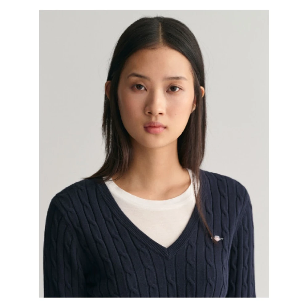 Gant Gedraaide katoenen V-hals trui Blue Dames