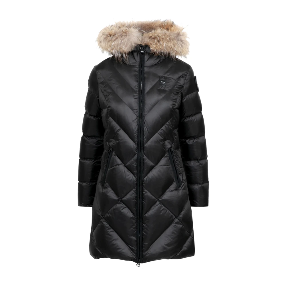 Blauer Technische Stof Lange Jas met Bont Black Dames