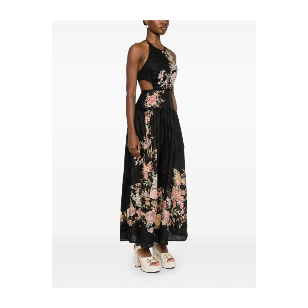 Zimmermann Bloemenprint Linnen Halterjurk Black Dames