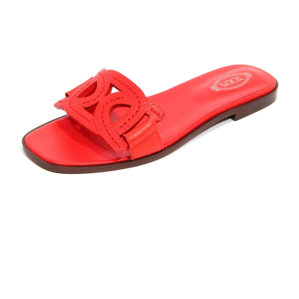 Tod's Women's Red Sliders, 7 Uk, Leather Slide Sandal Made In Italy