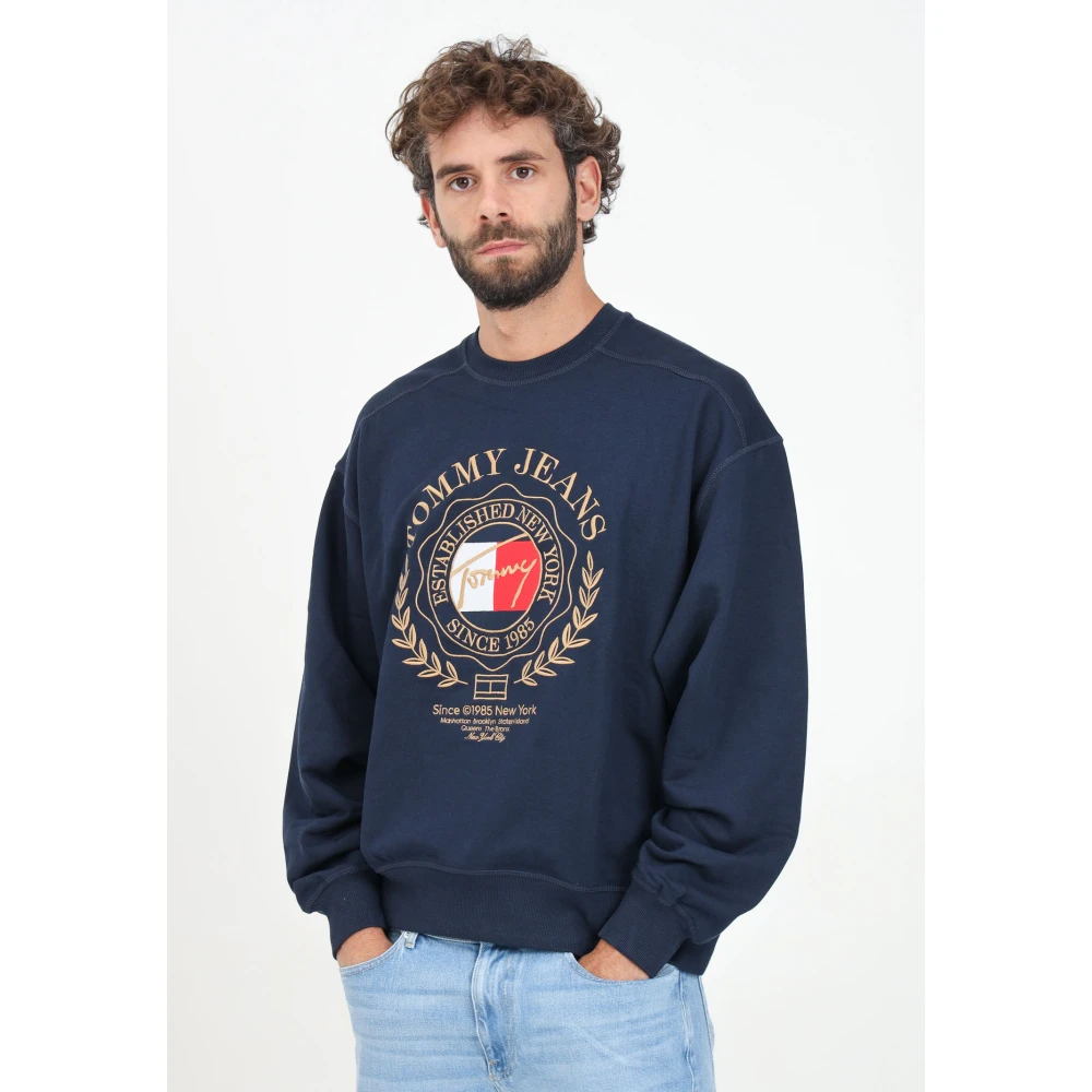 Tommy Jeans Blauwe Crewneck Sweater met Logo Borduurwerk Blue Heren
