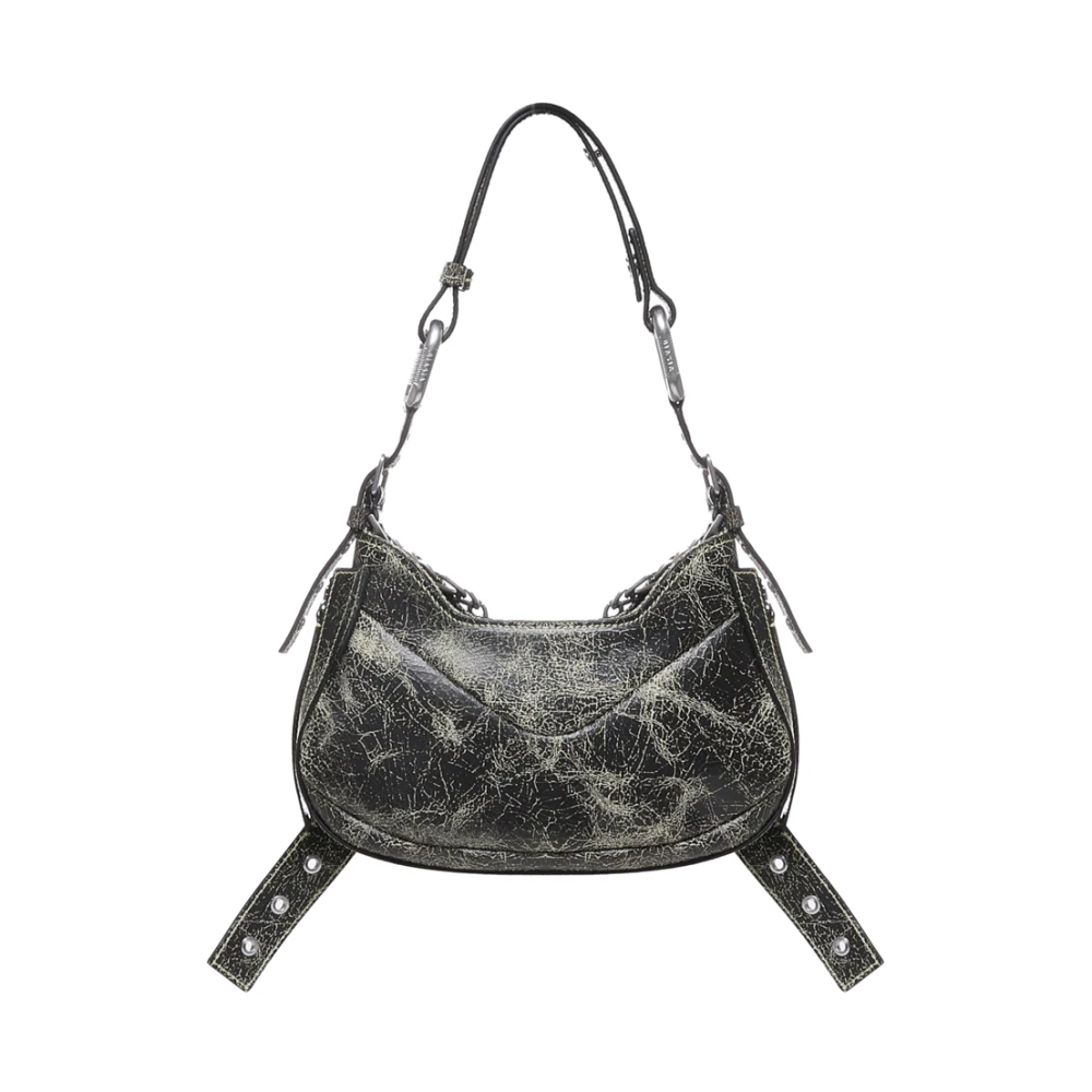 Biasia Craquele Leren Schoudertas in Zwart Gray Dames