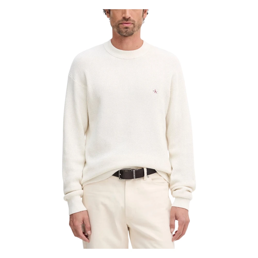 Calvin Klein Jeans Men's Beige Round-Neck Knitwear, L, Ls Ez Cotton Waffle