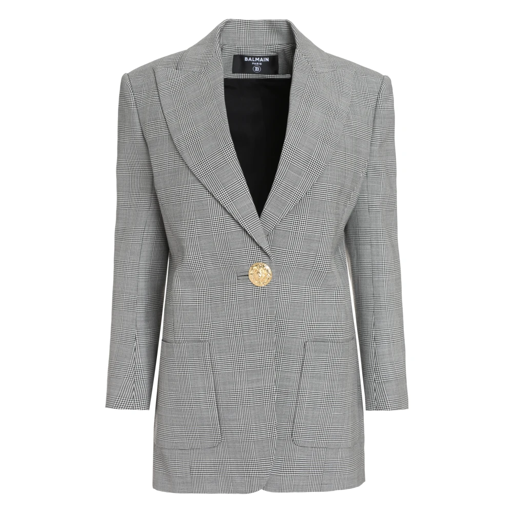 Balmain Geruite wollen jas met versierde knopen Gray Dames