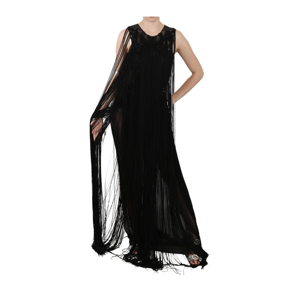 John Richmond Doorschijnende Maxi Jurk met Franje Black Dames