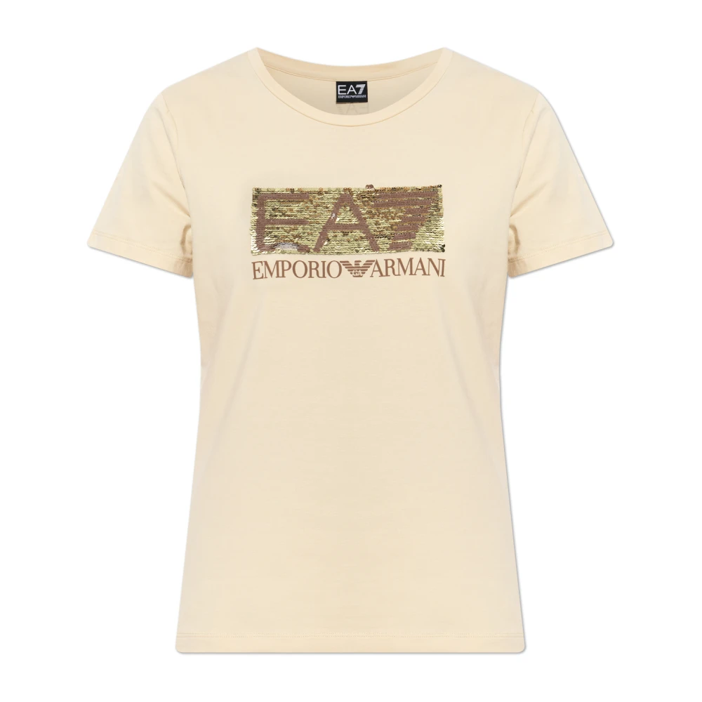 Emporio Armani Ea7 Vrouw Beige Tops Dames, L, Katoen, Logo Series Katoenen Jersey T-Shirt