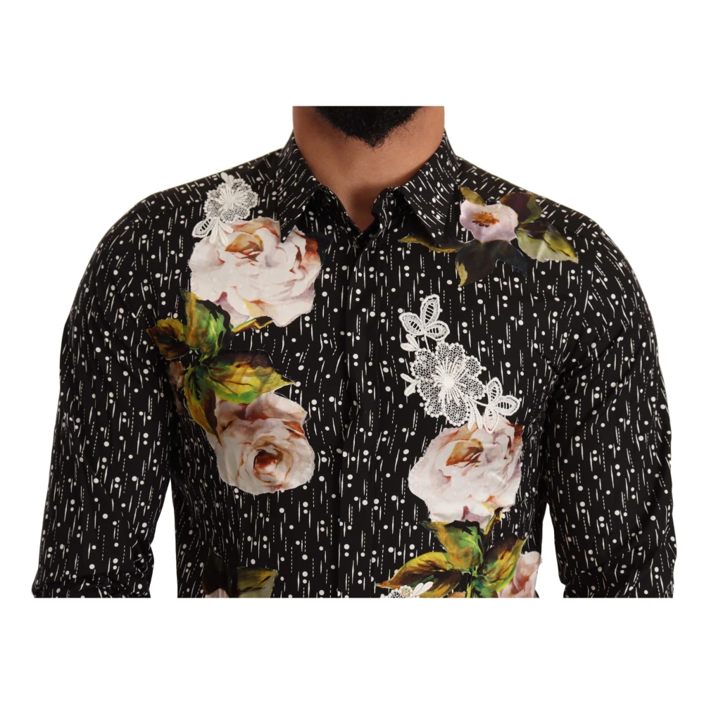 Dolce & Gabbana Zwarte Bloemen Geborduurde Katoenen Overhemd Black Heren