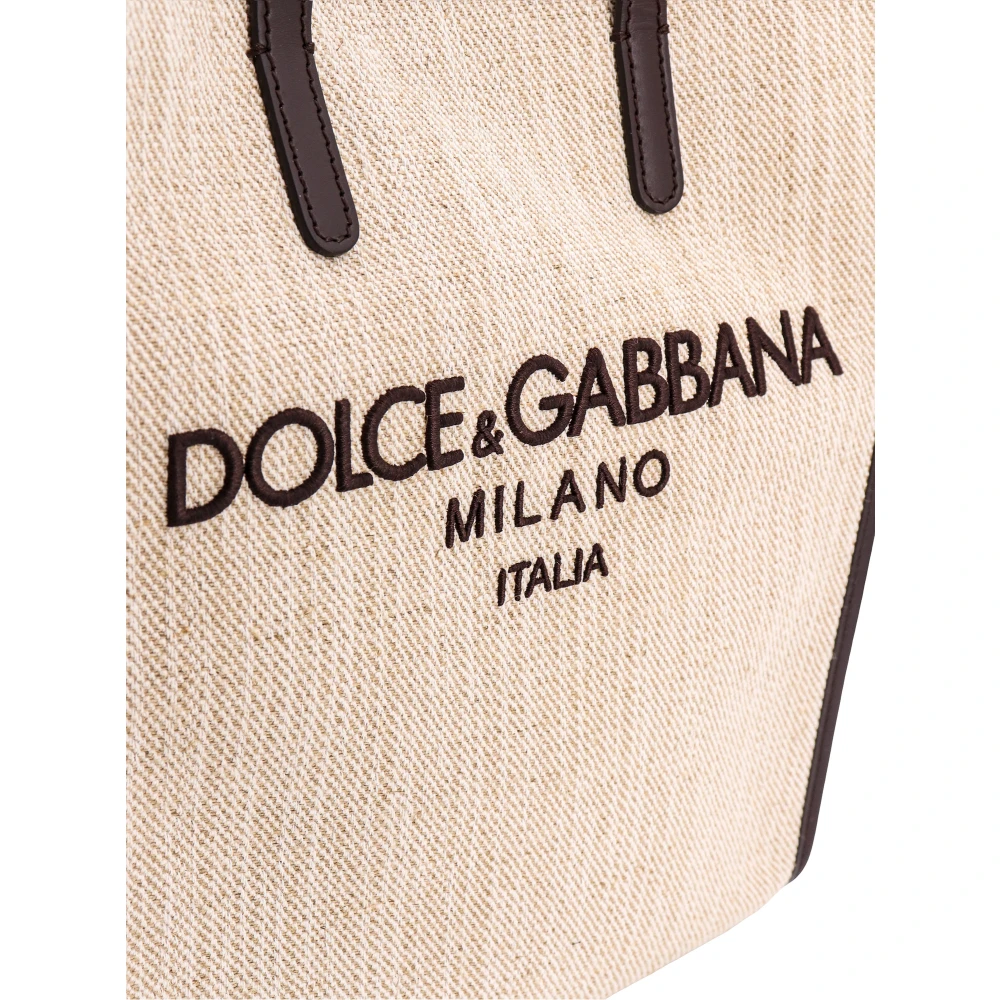 Dolce & Gabbana Logo Geborduurde Canvas en Linnen Handtas Beige Heren