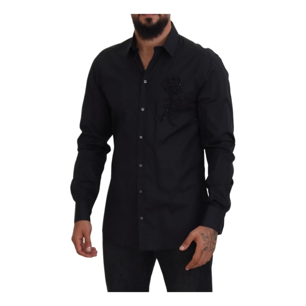 Dolce & Gabbana Zwart Overhemd met Rozenborduursel Black Heren