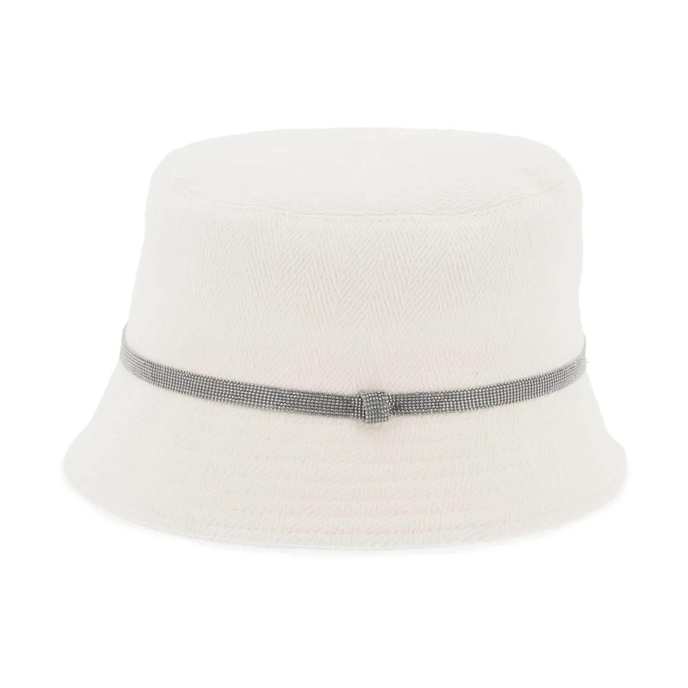 BRUNELLO CUCINELLI Glanzende Band Bucket Hat Met Monile Borduurwerk White Dames