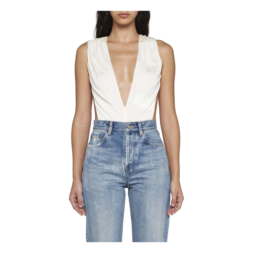 Saint Laurent Crème Halternek Bodysuit met Diepe V-hals Beige Dames