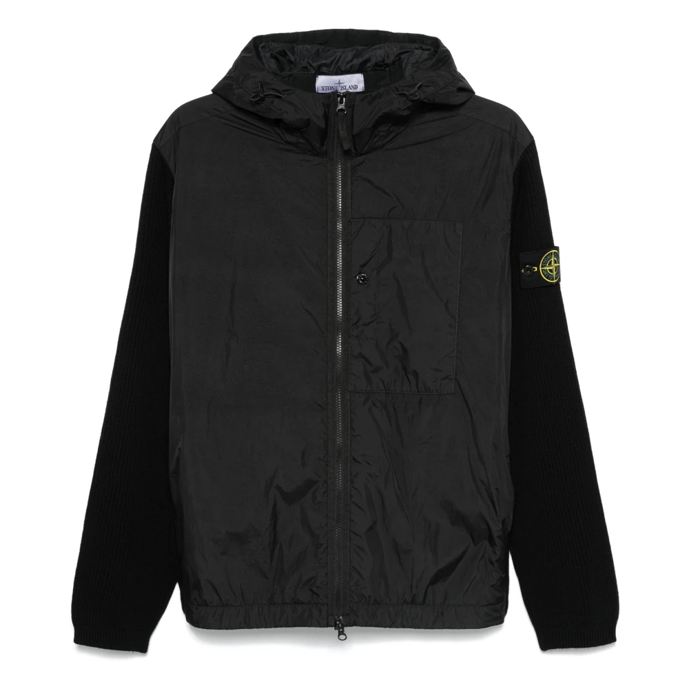 Stone Island Zwarte jas met gebreide inzetstukken Black Heren