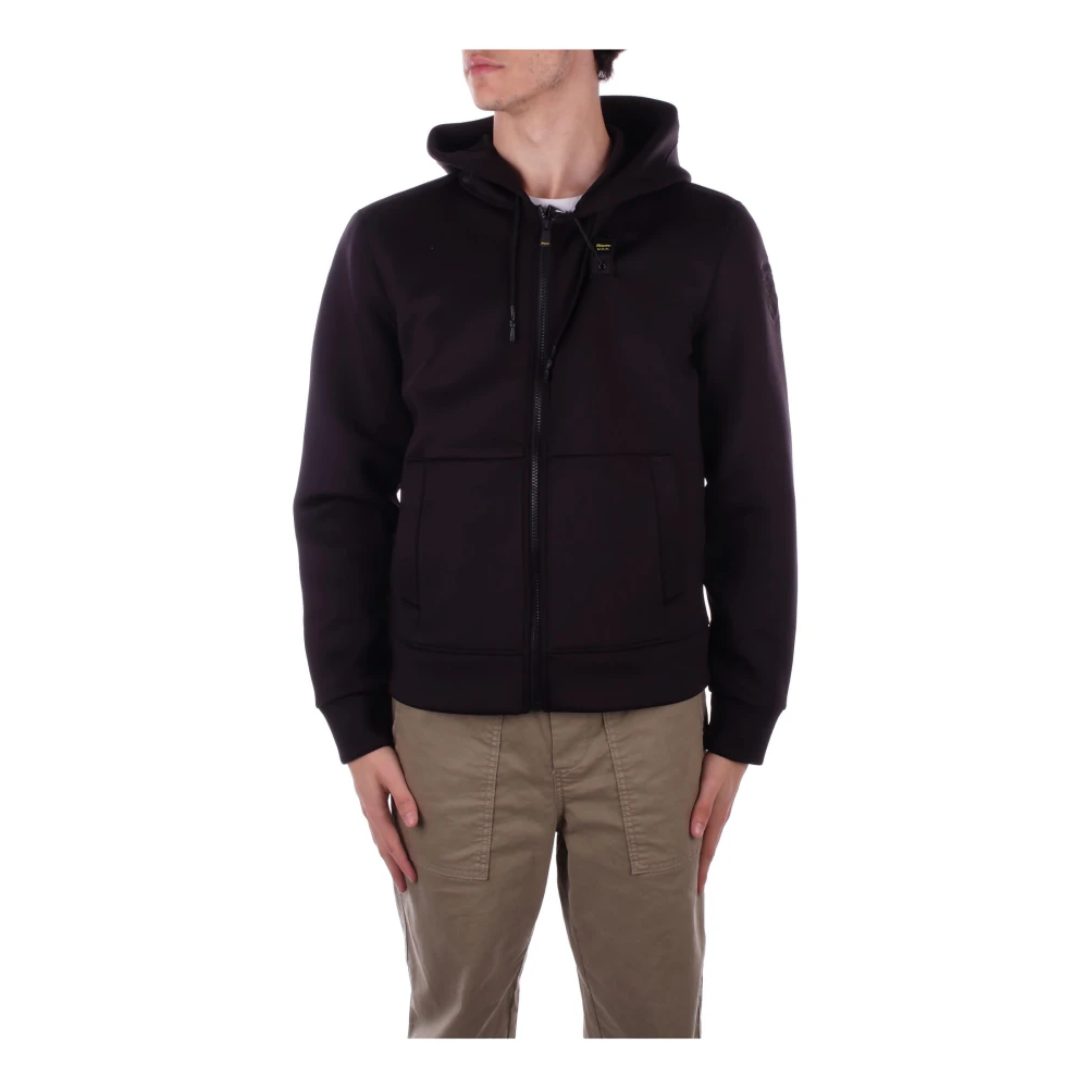 Blauer Hooded Jas Zwart Logo Rits Zakken Black Heren