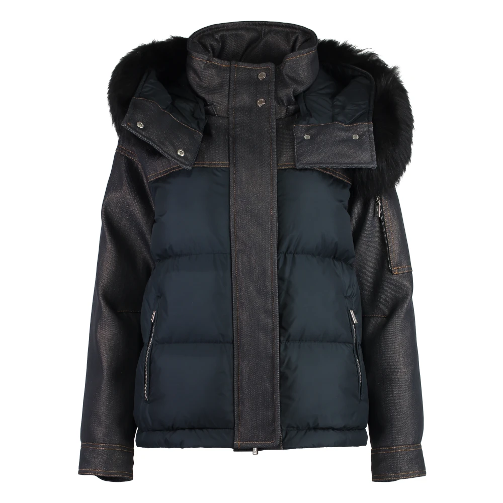 Moorer Bont Trim Hood Parka met Denim Inzetstukken Blue Dames