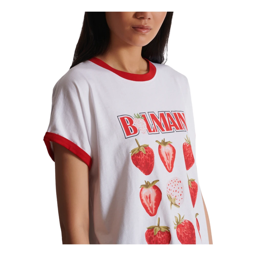 Balmain Tweekleurig T-shirt met Aardbeienprint White Dames
