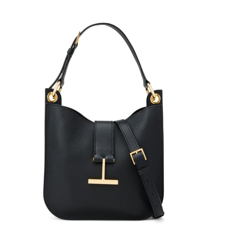 Tom Ford Zwarte Gehamerde Leren Schoudertas met Gouden Hardware Black Dames