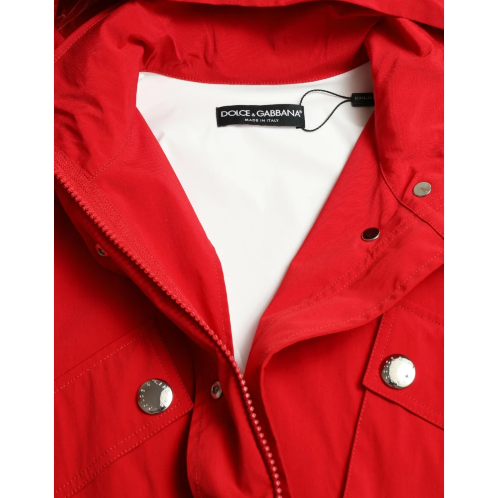 Dolce & Gabbana Rode Polyester Hooded Knoopregenjas Red Dames