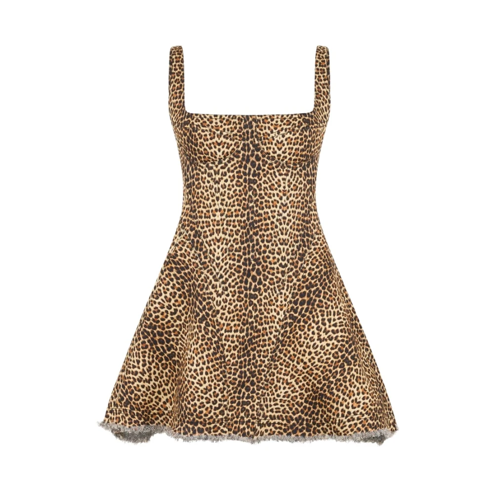 Roberto Cavalli , Short Dresses, Female, Brown, L, Leopard-Print Frayed Dress