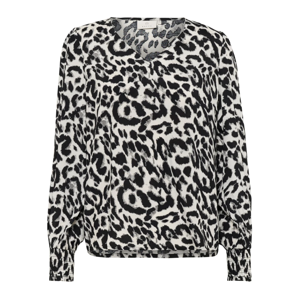 Kaffe Leopardmönstrad Blus med V-ringning Black, Dam