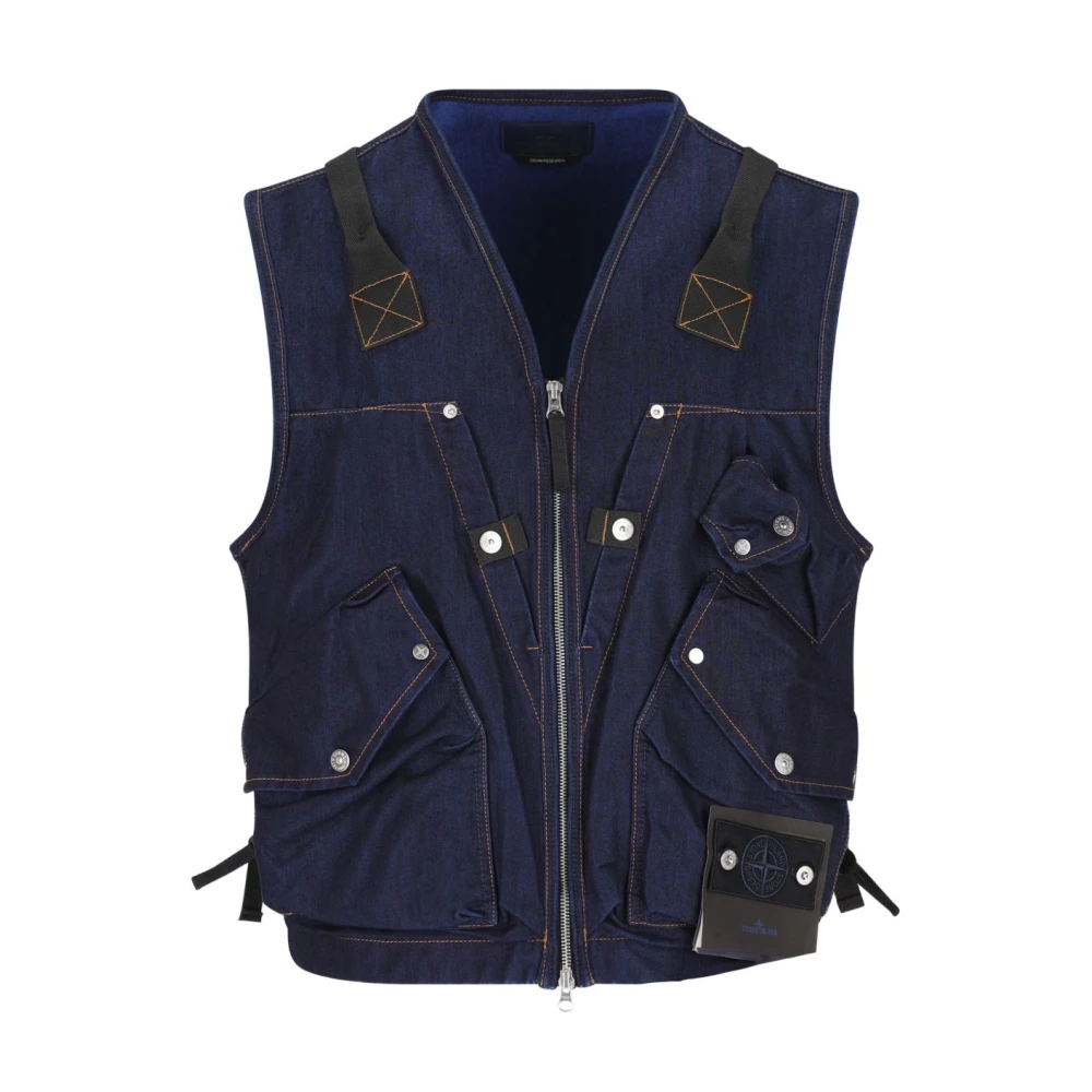 Stone Island Blue Waistcoats, Male, L, Denim Multi-Pocket Vest