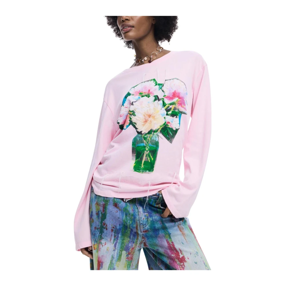 Desigual Women's Pink Printed Long Sleeve Round Neck T-Shirt - Long Sleeve T-Shirts - Xl- Tops