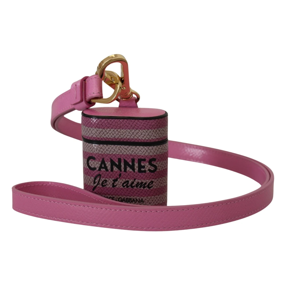 Dolce & Gabbana Rosa Svart Läderrem Airpods-fodral med Guld Metalllogotyp Pink, Dam