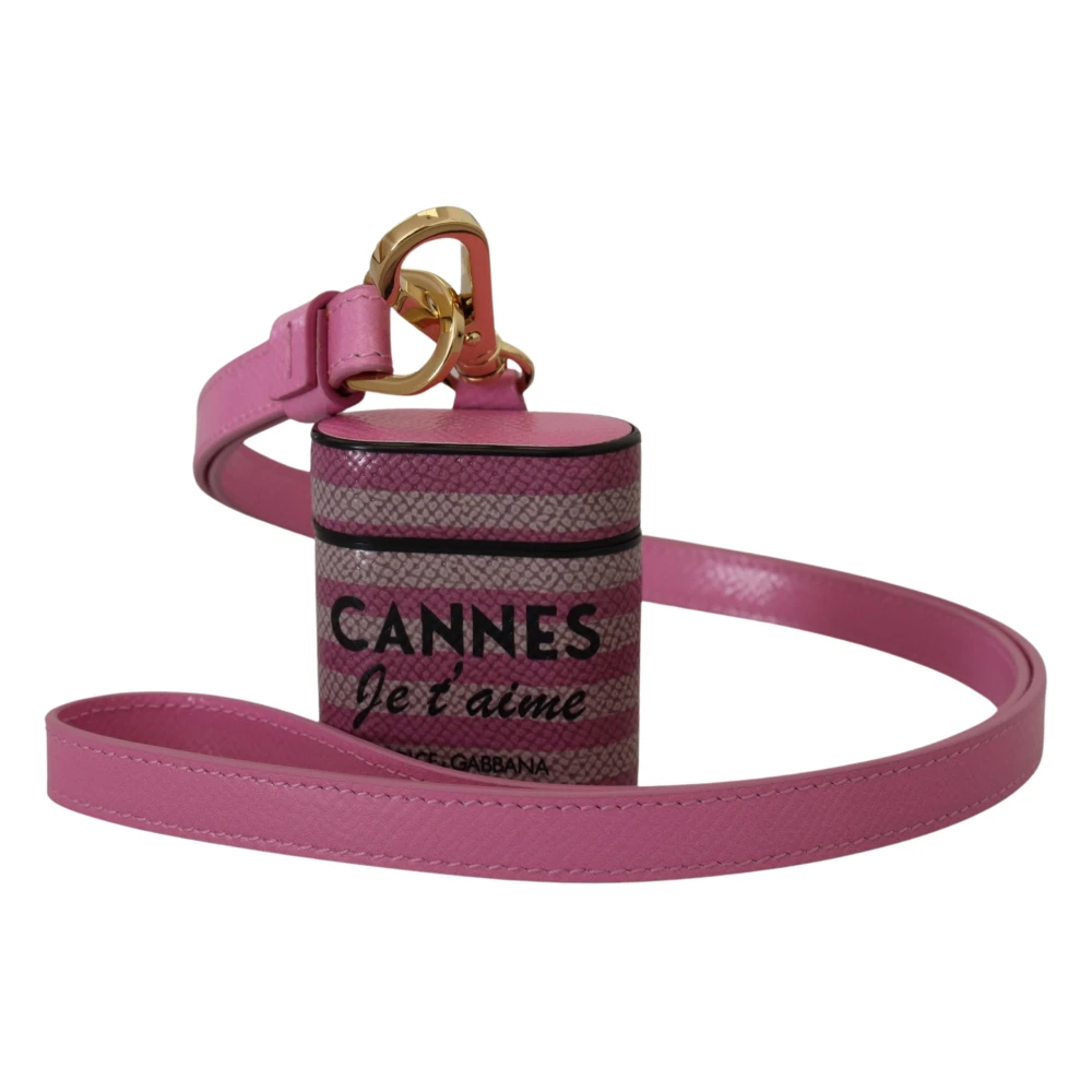 Dolce & Gabbana Roze Zwarte Leren Airpods Hoesje met Gouden Metalen Logo Pink Dames