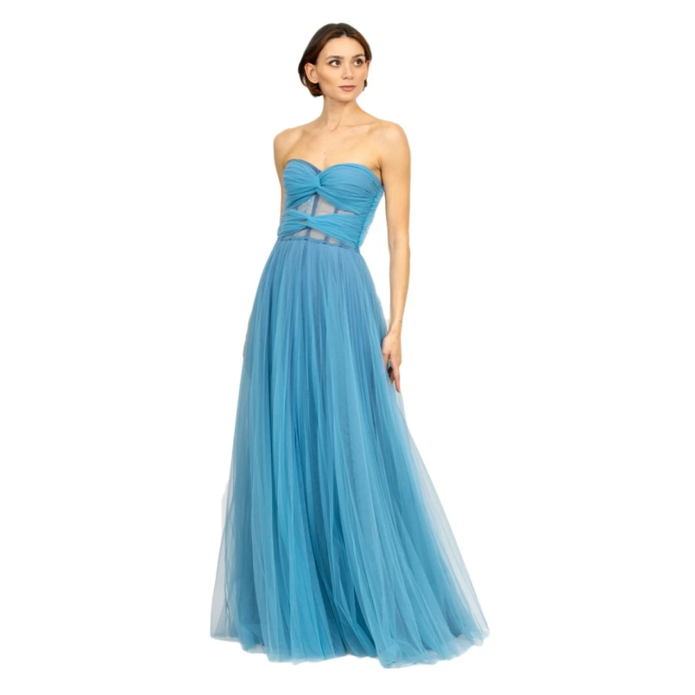 19:13 Dresscode Blauwe Tule Lange Jurk Hart Halslijn Blue Dames