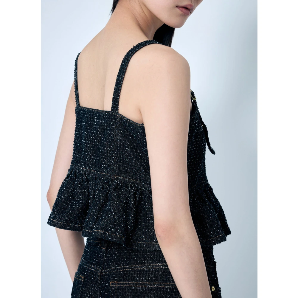Ganni Fluffy Denim Peplum Strap Top Black Dames