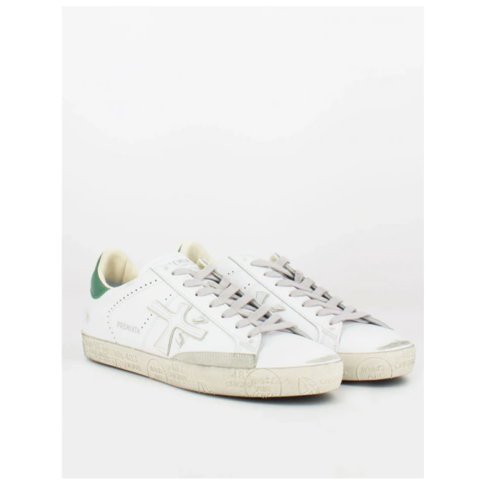 Premiata Witte leren lage sneakers met groen hiel detail White Heren