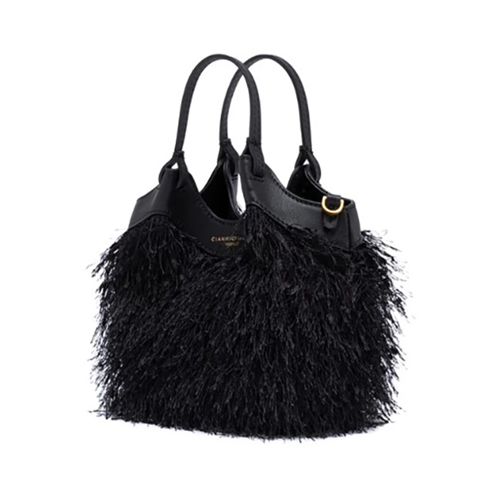 Gianni Chiarini Zwarte franje tas met leren handvatten Black Dames