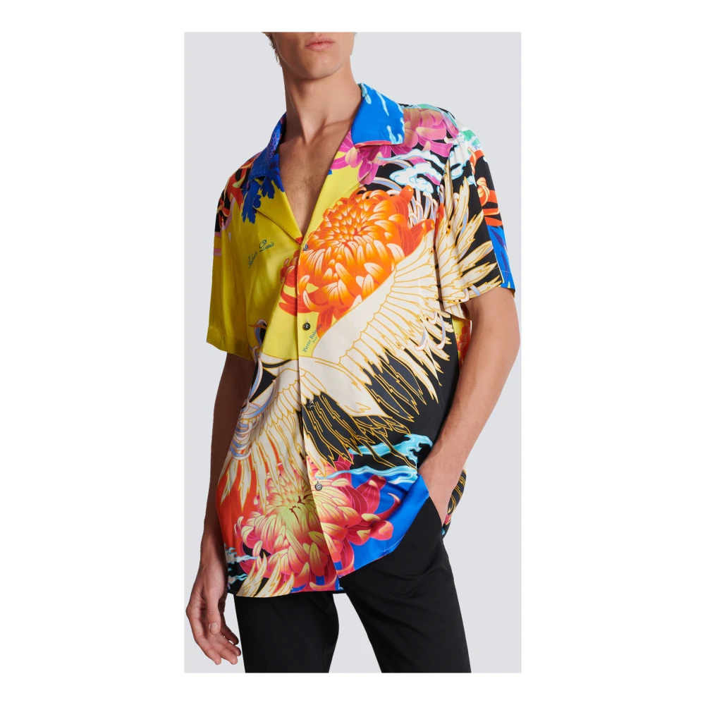 Balmain Kortemouw satijnen shirt met Crane print Multicolor Heren