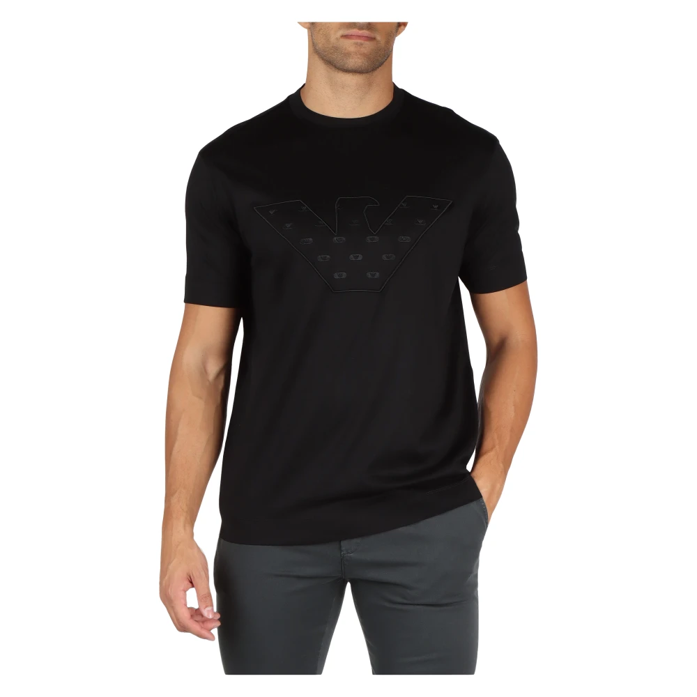 Emporio Armani Geborduurd Logo Katoenen en Lyocell T-shirt Black Heren